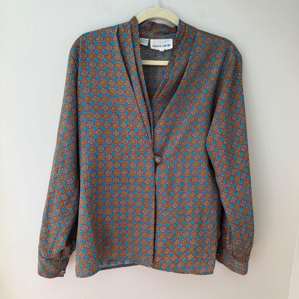 Pierre Cardin Vintage Medallion Print Long Sleeve Wrap Blouse Teal Purple Size 8